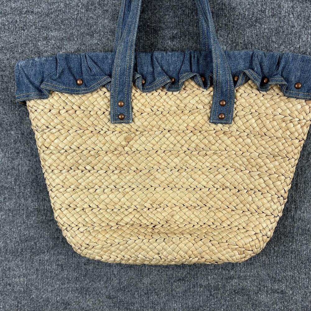 Vintage Ralph Lauren Straw Tote Bag Large Beige Denim Trim Beach Boho Summer - Picture 8 of 15
